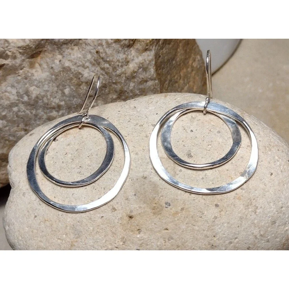 Hammered Sterling Silver 925 Double Hoop Circle Dangle Earrings 2